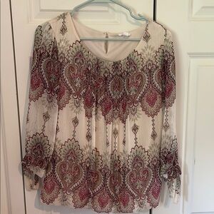 Westport Burgundy and Cream Pleated Blouse - Size Small